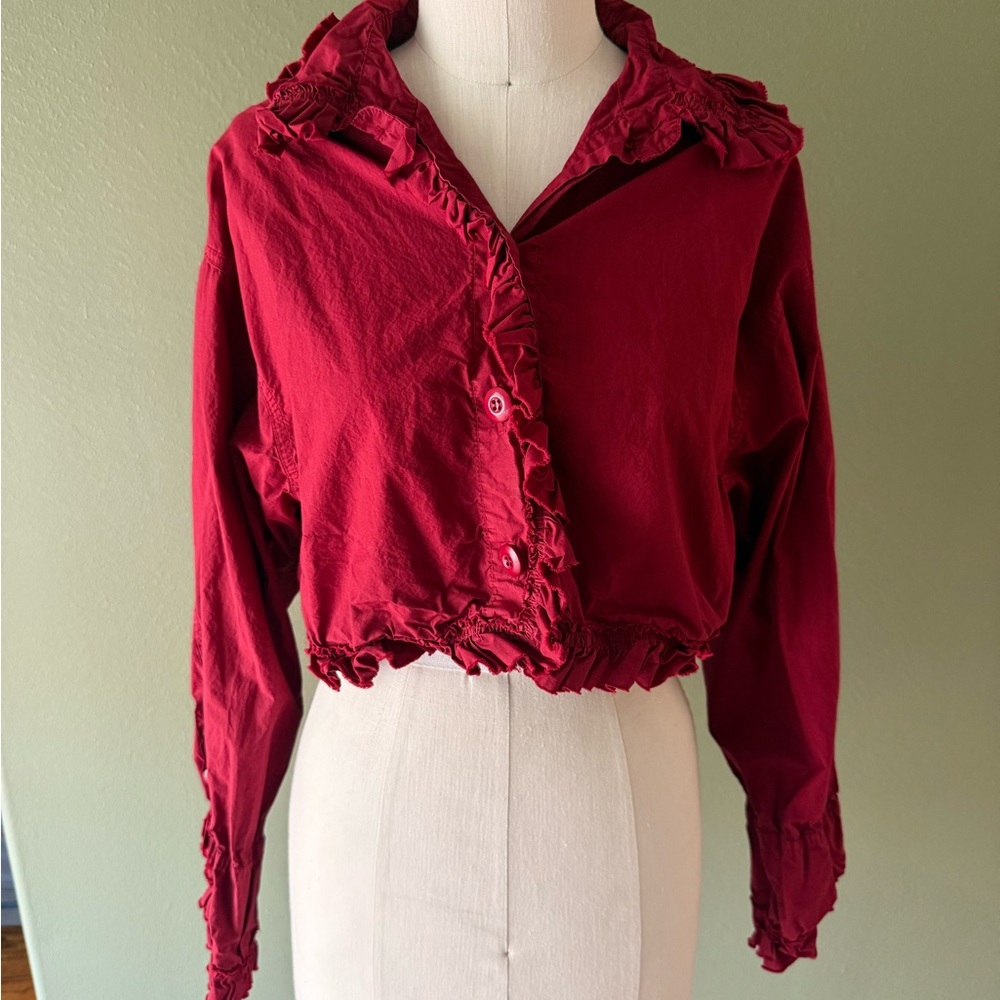 Elegant Red Ruffled Button Down Shirt